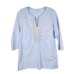 J. McLaughlin Blue Checker Embroidered V-Neck 3/4 Sleeves Tunic Cotton Top S
